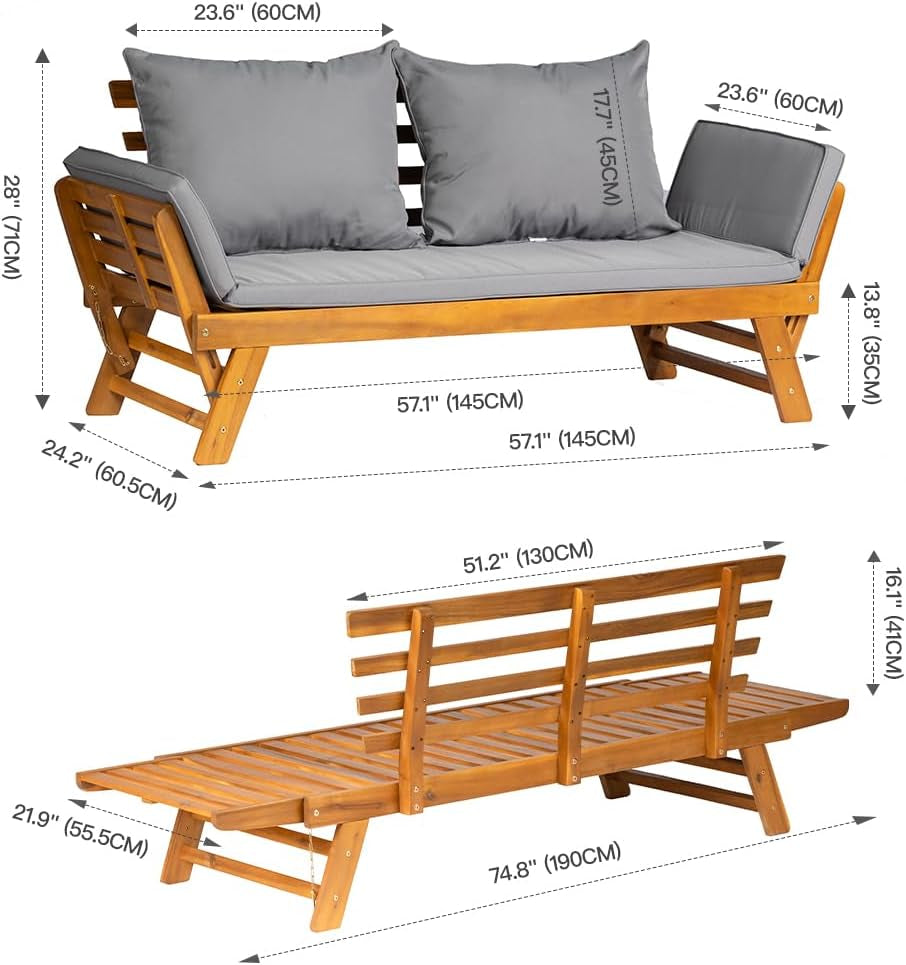Acacia Wood Convertible Couch Sofa Bed with Adjustable Armrest Folding Daybed Collapsible Chaise Lounge with Cushion Pillow Outdoor Loveseat for Garden Patio Poolside (Grey)