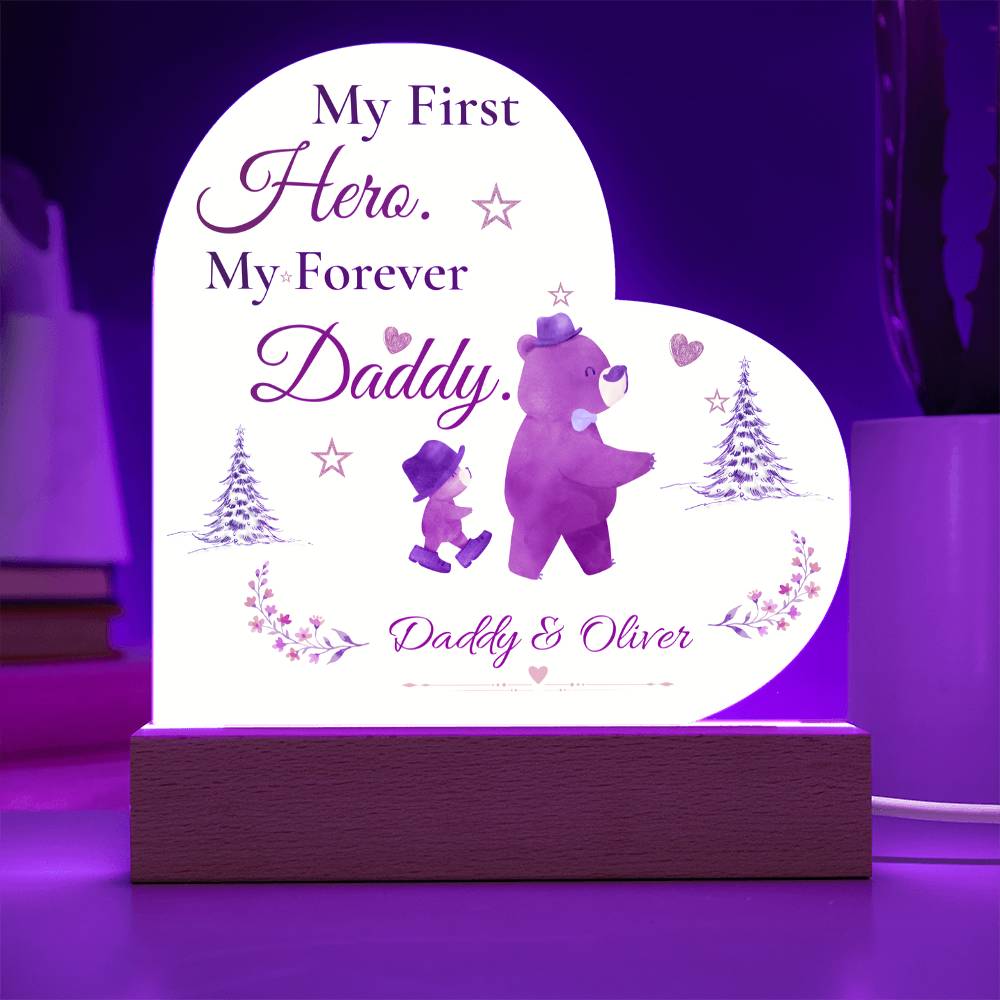 My First Hero My Forever Daddy Heart Plaque, Dad and Son Gift, Father’s Day Keepsake, Bear Design LED Acrylic Memorial Decor for Dad