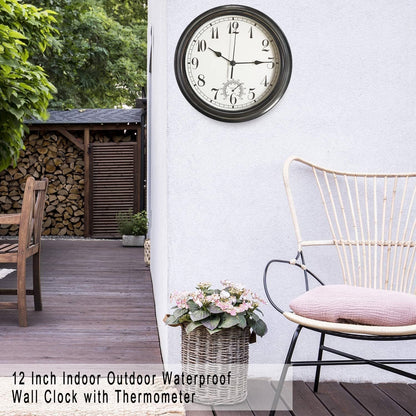Large Garden Clocks Outdoor Waterproof, 12 Inch Wall Clock with Thermometer, Weather-Resistant Non-Ticking Battery Operated Vintage Decor for Patio, Pool, Lanai, Fence, Porch